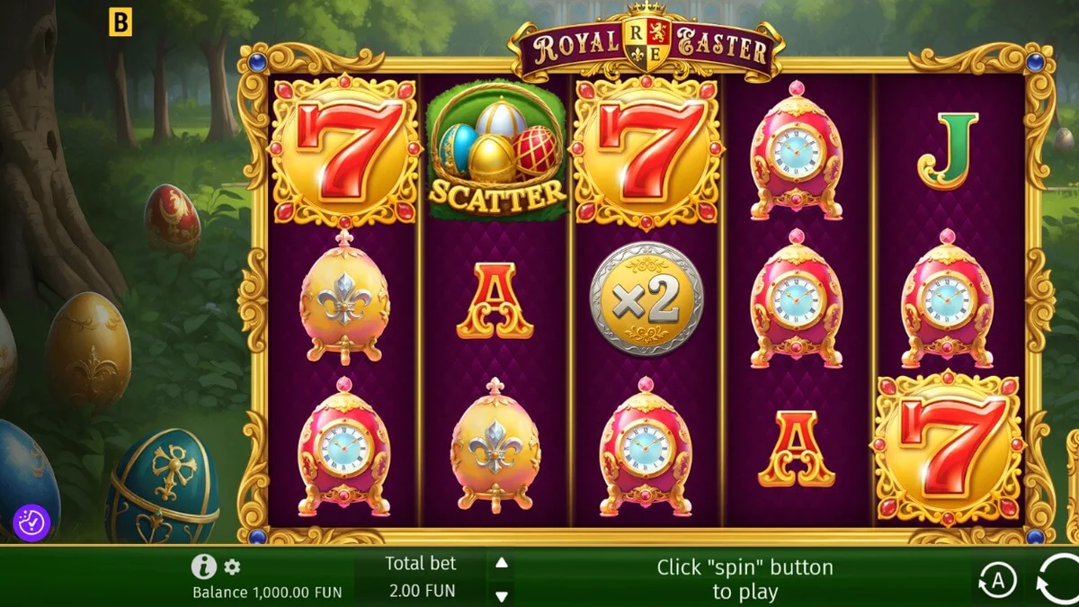 Tampilan visual mewah dari slot Royal Easter dengan latar belakang taman istana dan telur Fabergé.